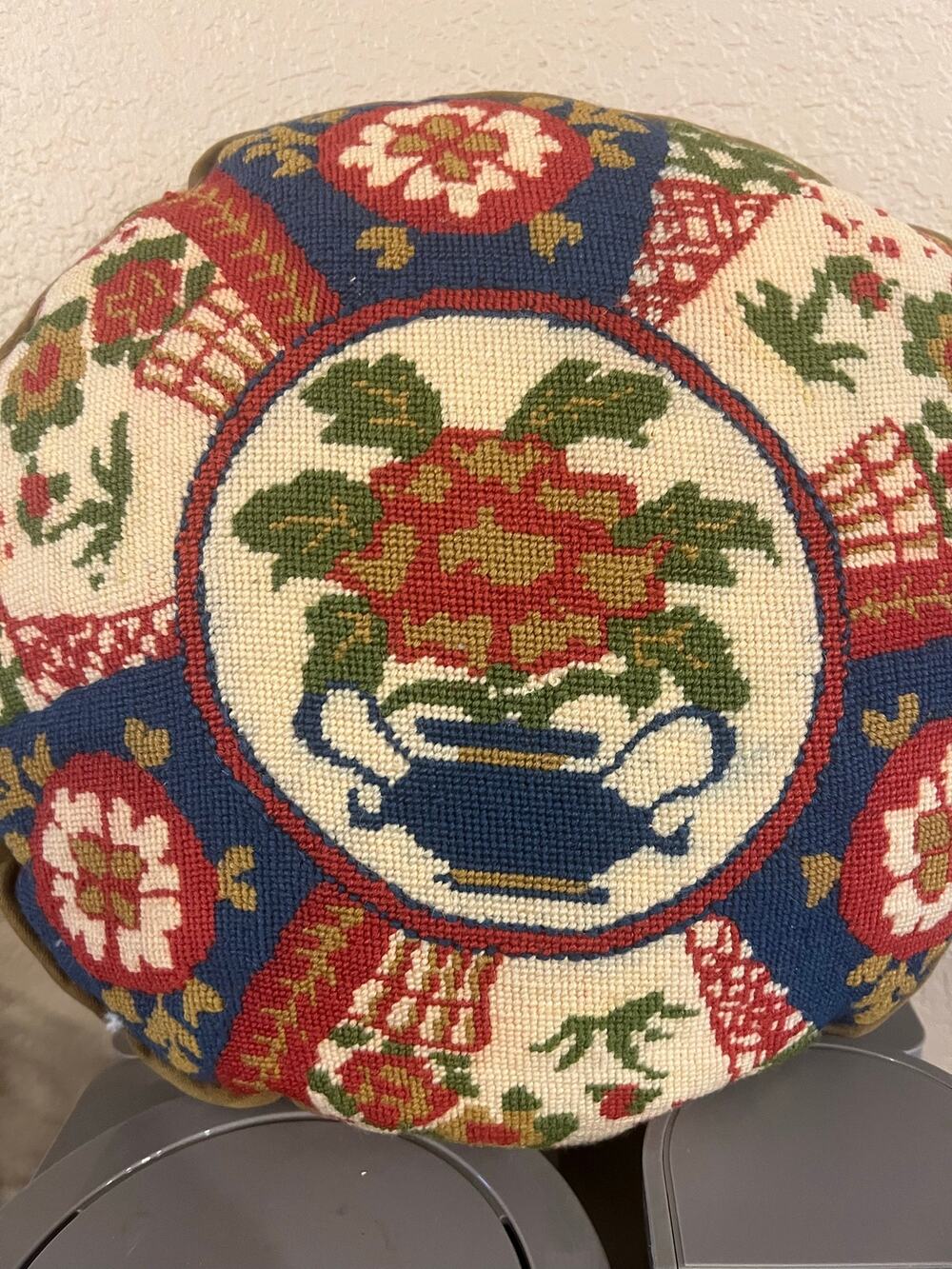 Vintage 14” Round Floral Needlepoint Pillow–Cottagecore Botanical Tapestry Décor